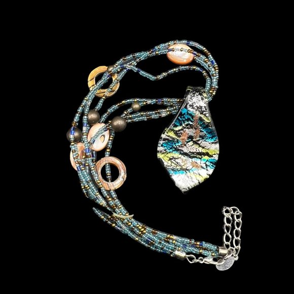 Glass Pendant Beaded Necklace Handmade Blue Green Fashion Jewelry Adjustable - Picture 6 of 7